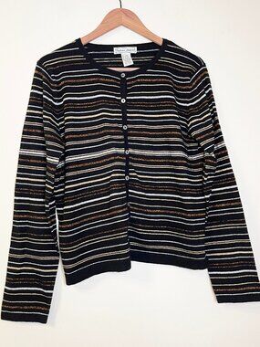 Stephanie Andrews Black Metallic Stripe Cardigan L Halloween Fall Y2K